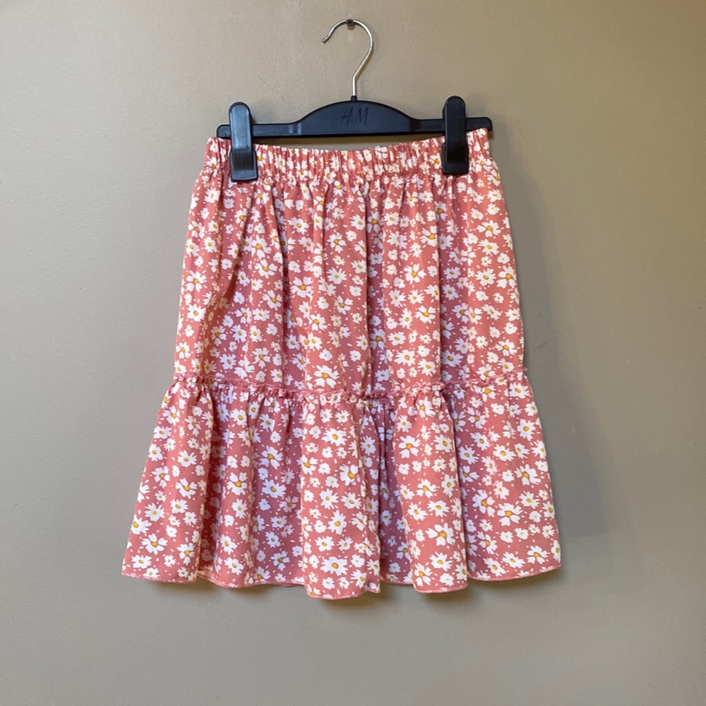 Pink & white daisy floral ruffle A Line skirt